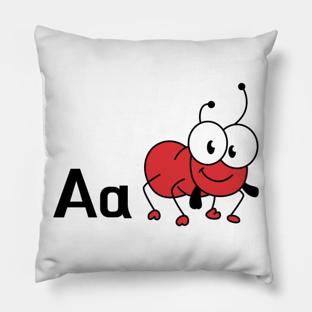 The Letter A for Ant Alphabet uppercase and lowercase A letter Design Pillow by Syressence