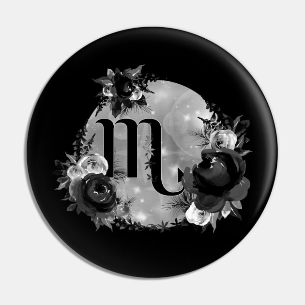 Scorpio Zodiac Horoscope Gothic Black Floral Monogram Pin by bumblefuzzies