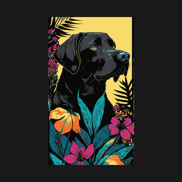 Black Labrador Retriever Dog Vibrant Tropical Flower Tall Retro Vintage Digital Pop Art Portrait 3 by ArtHouseFlunky