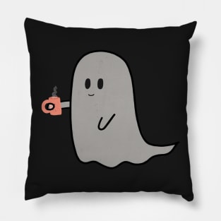 caffeinated little ghost with a mug of coffee - cute halloween Pillow