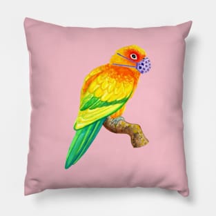 Sun Conure Parrot Wearing Face Mask Watercolor Pillow