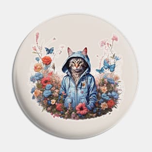 Cat wearing a hoodie and surround by flowers Pin