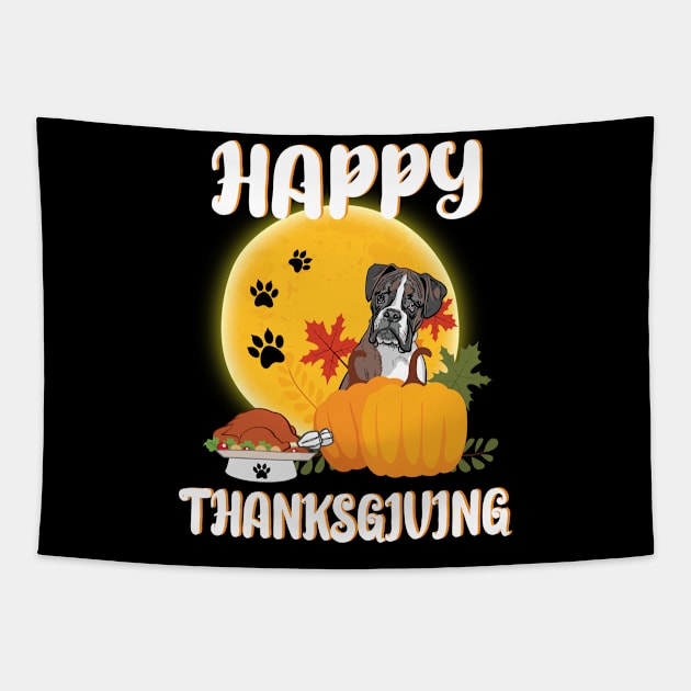 Boxer Seeing Turkey Dish Happy Halloween Thanksgiving Merry Christmas Day Tapestry by Cowan79