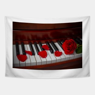 Red Rose On Piano With Rose Petals Tapestry