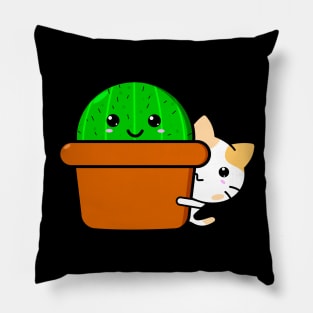 Cute Kawaii cat peeking out behind cactus Pillow