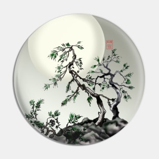 SumiE ink and watercolor chinese fir trees under a full moon Pin