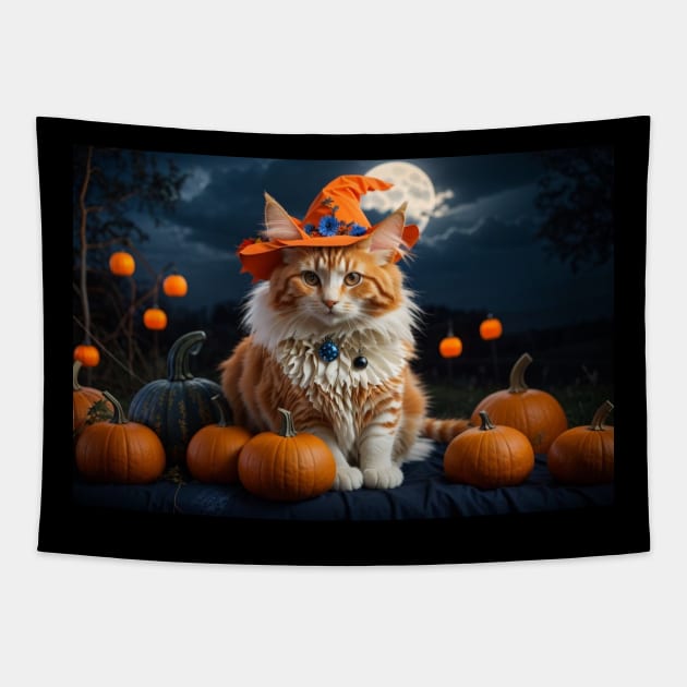 Lovely white and orange witch cat on Halloween night Tapestry by Love of animals