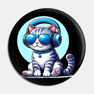 Cute cat wearing blue headphone and sunglass enjoying music Pin