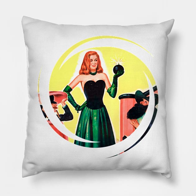 Woman with a Bomb in Her Hand Retro Vintage Fantasy Comic Funny Popart Scifi Old Pillow by REVISTANGO