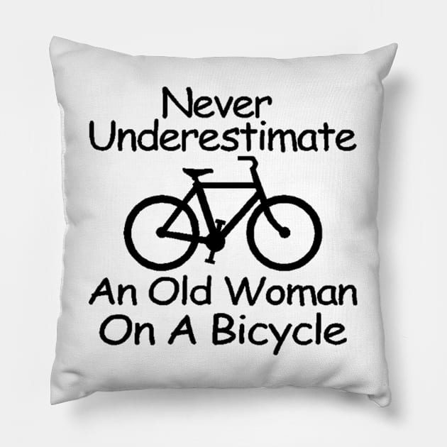 never understimate an old woman on a bicycle black Pillow by omarbardisy