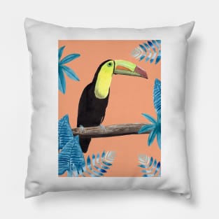 Toucan with tropical leaves and coral background Pillow