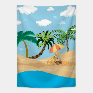 Dad and dog chilling on beach Tapestry