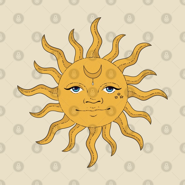 Vintage Sun With Moon and Stars by katieharperart