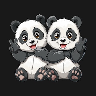 Cute Pandas Forming Peace Sign - Panda Bear Japanese T-Shirt