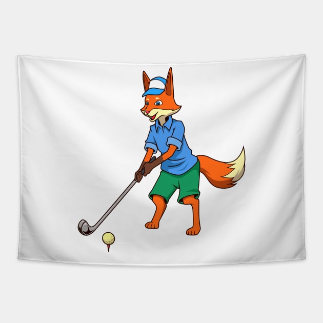 Comic fox plays golf - Golfer Tapestry by Modern Medieval Design