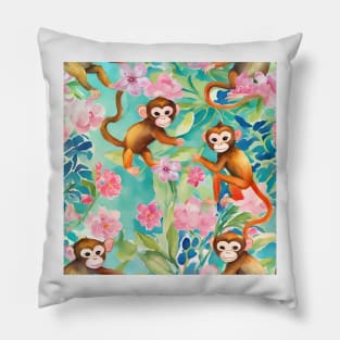 Preppy monkeys playing in the jungle, watercolor Pillow