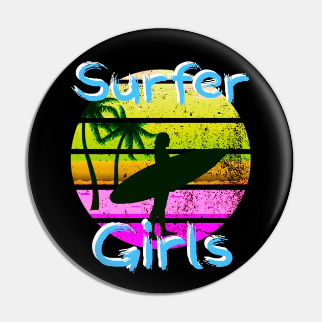 Retro Surfer Girls Funny Surfing Girl Pink Sunset Surf Girl Pin by Bezra