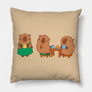 Capybaras in a cafe drinking coffee and eating Pillow