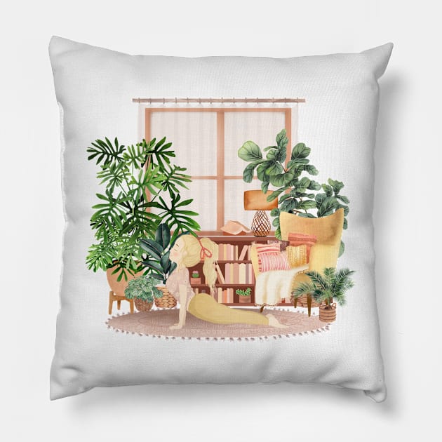 Yoga with plants Pillow by gusstvaraonica