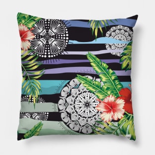 Tropical flowers with black mandalas Pillow