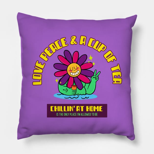 Love, Peace and a Cup of Tea 70s design Pillow by Lemon Squeezy design 