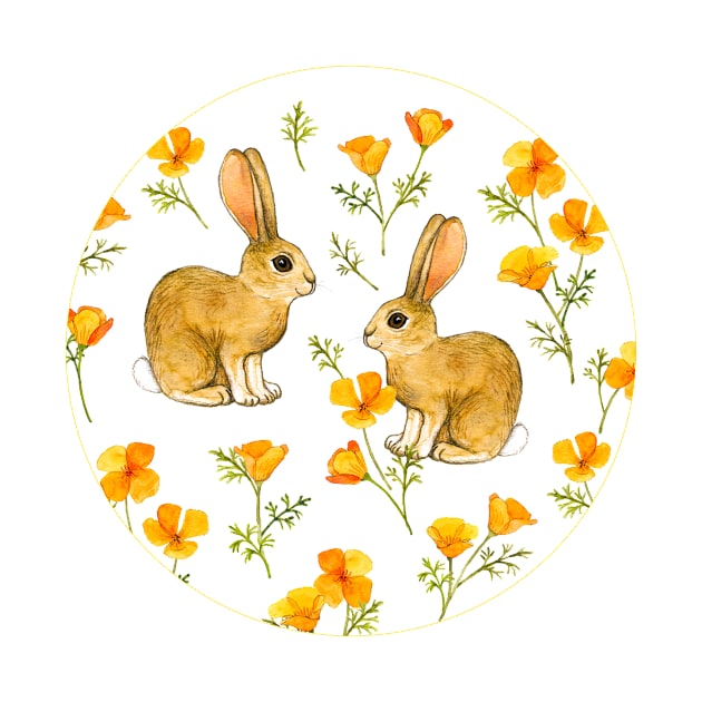 Cute Cottontail Bunnies and California Poppies in Watercolor by micklyn