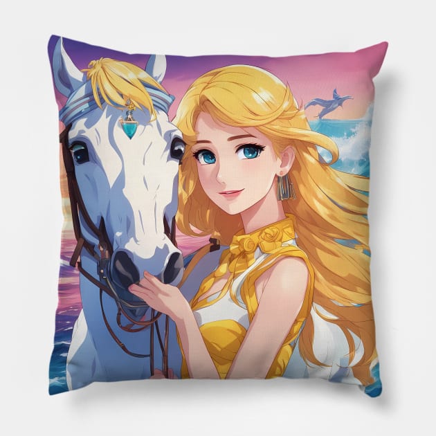 Blonde Anime Girl with White Horse Pillow by animegirlnft