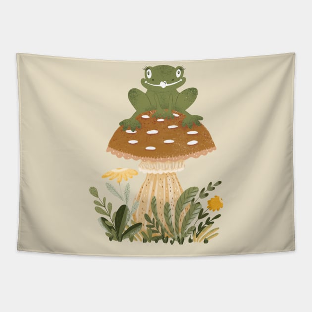 Cute Cottagecore Goblincore Frog Sat on a Forest Mushroom Tapestry by uncommontee