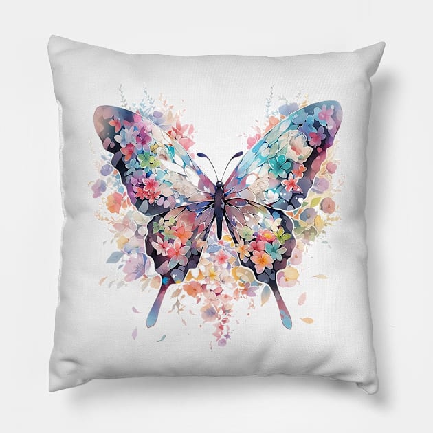 Floral Symphony: Vibrant Watercolor Butterfly in Detailed and Symbolic Illustration Pillow by Iron Creek