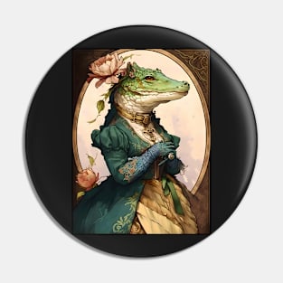 Victorian Crocodile Lady Illustration Pin