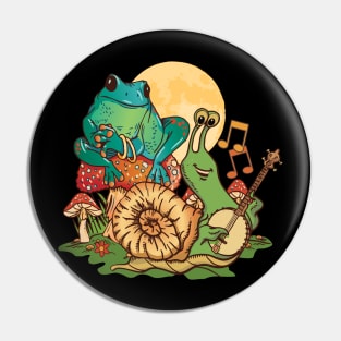 Banjo playing Snail with Frog sitting on Mushroom Pin