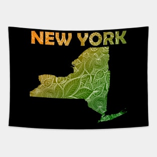 Colorful mandala art map of New York with text in green and orange Tapestry