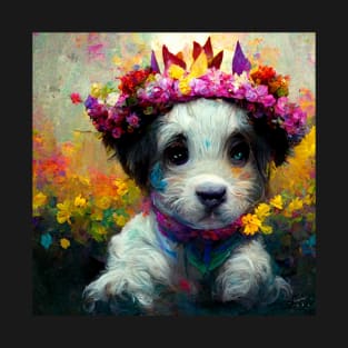 Sweet little puppy wearing a crown of beautiful flowers. T-Shirt