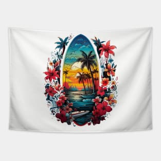 Tropical Surfboard Graffiti Art Style Tapestry