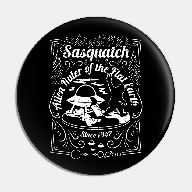 Sasquatch Alien Ruler of the Flat Earth Since 1947 Conspiracy Theory Mashup Pin by hobrath