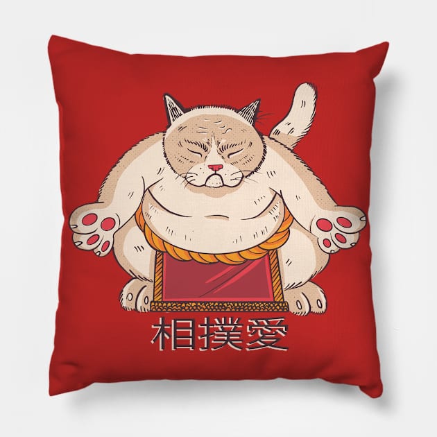 Cute Kawaii Sumo Wrestler Funny Sumo Cat Japanese Gift Pillow by hugandmug