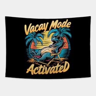 A vivid and amusing design featuring a laid-back dinosaur in sunglasses, lounging effortlessly on a beach chair. (3) Tapestry