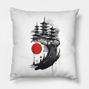 Japanese Castle Rising Over Waves Pillow