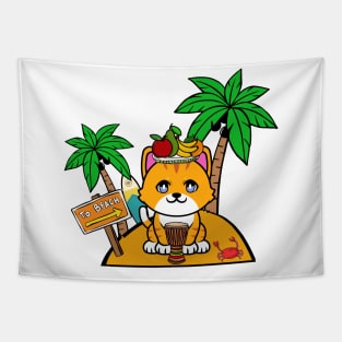 Cute Orange Cat on a tropical island Tapestry