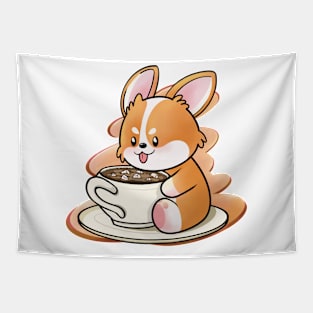 Corgi is drinking coffee Tapestry