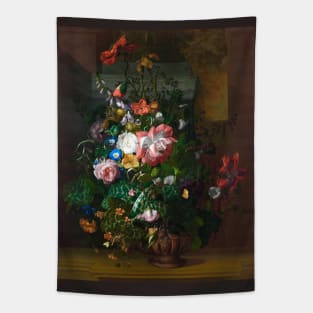 Roses, Convolvulus, Poppies, and Other Flowers in an Urn on a Stone Ledge by Rachel Ruysch (digitally enhanced) Tapestry