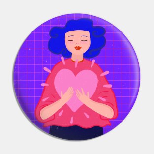 Blue hair girl with big pink heart Pin