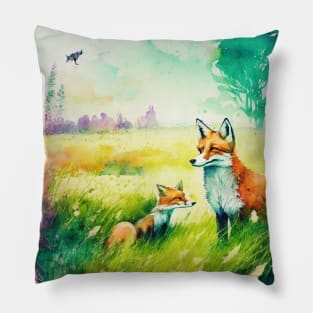 Mama Fox With Her Baby Watercolor Art Pillow