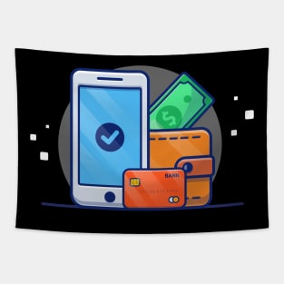 Hand Phone, Wallet, Bank Card And Money Cartoon Tapestry