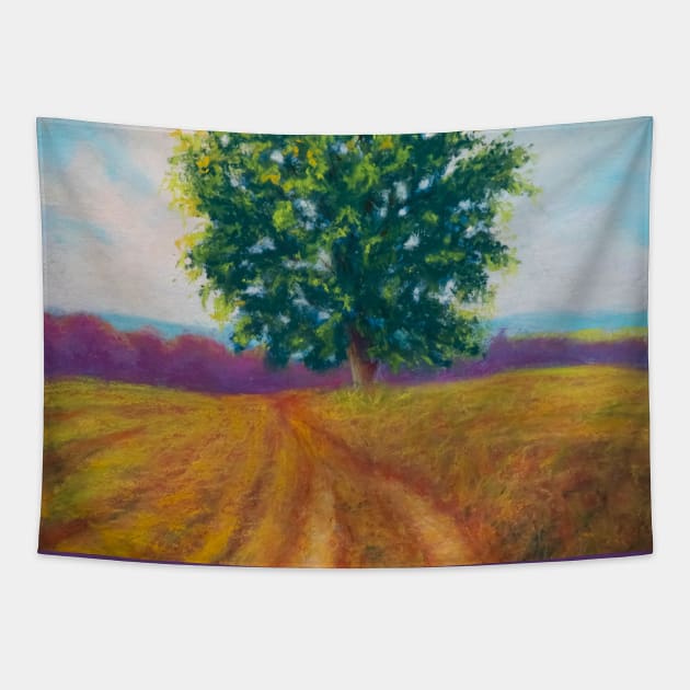 Pastel painting - pree and field countryside landscape Tapestry by redwitchart