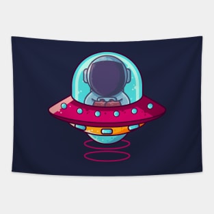 Cute Astronaut Riding UFO Spaceship Cartoon Tapestry