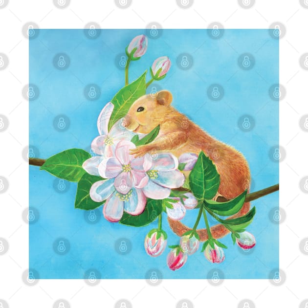 Common dormouse, hazel dormouse climbing in a spring blooming branch by Julia Doria Illustration