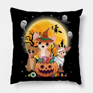 Chihuahua Dog Mummy Witch Moon Ghosts Happy Halloween Thanksgiving Merry Christmas Day Pillow