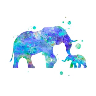 Blue Mom and Baby Elephant Watercolor Painting T-Shirt