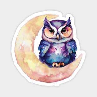 Whimsical Owl in Crescent Moon Watercolor Art Print Magnet